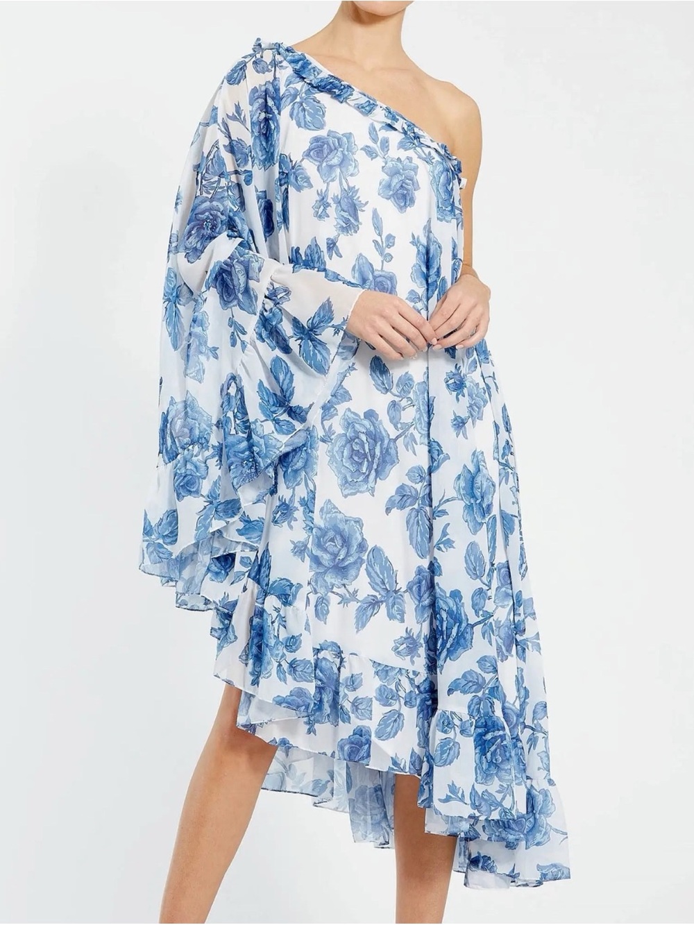 Mac Duggal Ieena Size 14 Blue White Floral One-Shoulder Asymmetrical Cape Dress